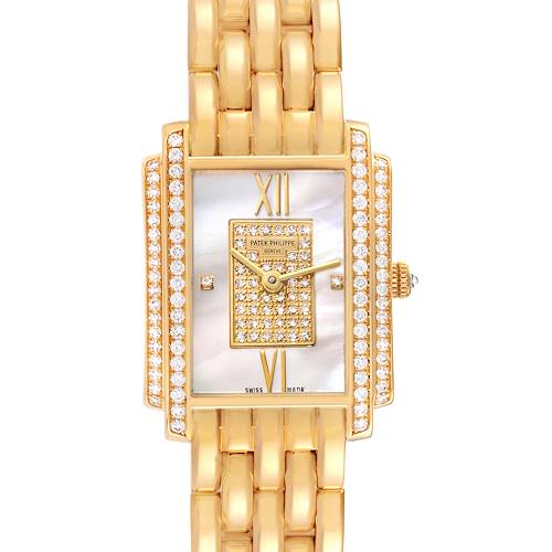 The Patek Philippe Gondolo watch is shown from the front, highlighting the rectangular case, gold bracelet, and diamond accents.